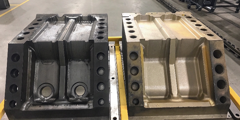 A side-by-side comparison image of two castings, one standard and one lightweighted, highlighting design differences