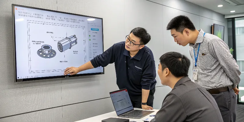 A team of Chinese engineers and a customer reviewing a 3D model of a part on a screen, collaborating on design improvements.