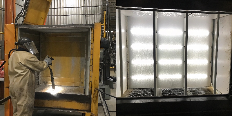 A technician in a blasting cabinet creating a matte finish on an aluminum electronics housing.
