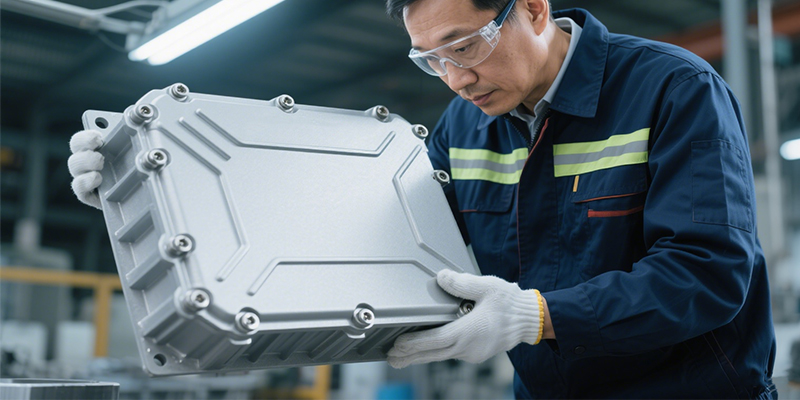 A complex aluminum die-cast automotive part, such as a battery enclosure, being held by an engineer.