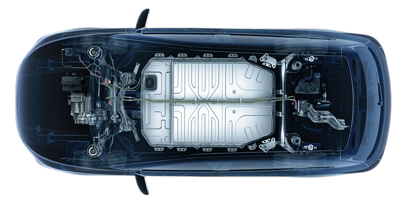 A sleek electric vehicle chassis with key aluminum die-cast components highlighted, like the battery enclosure and motor housing.