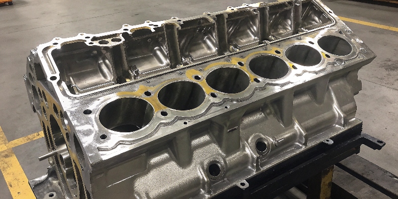 An aluminum engine block and a lightweight car chassis side-by-side