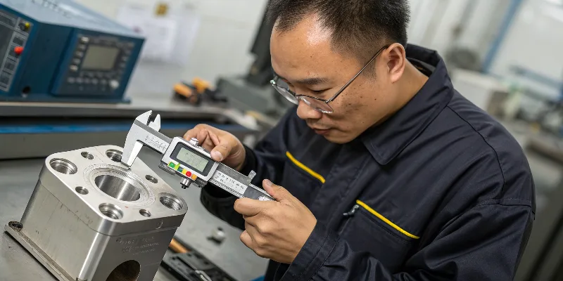 An Chinese engineer carefully inspecting an aluminum die-cast component with a digital caliper.