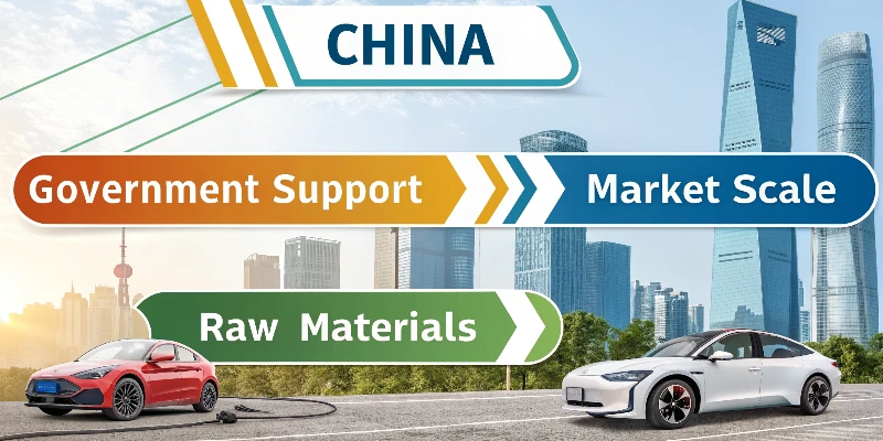An infographic showing the pillars of China's EV dominance: Government Support, Market Scale, and Raw Materials