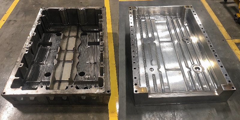 An intricate aluminum die-cast part with internal channels, shown before and after chemical polishing.
