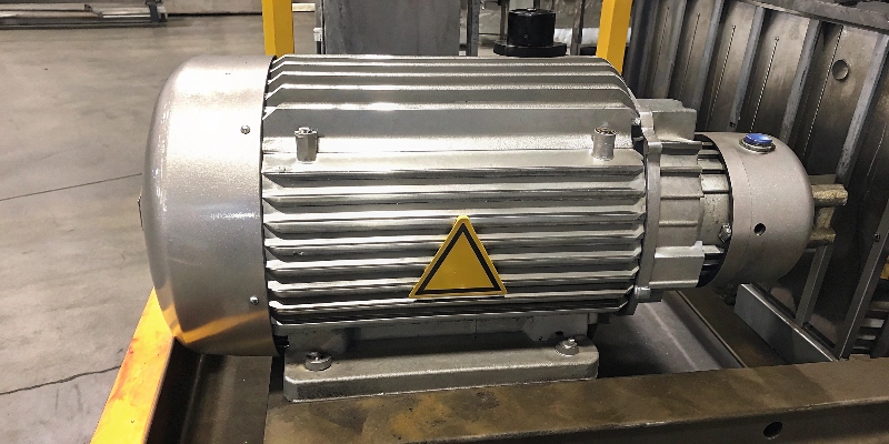 An ungrounded aluminum electric motor housing with a warning symbol