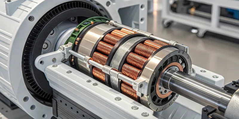 Close-up of an electric car motor's copper windings and busbars.