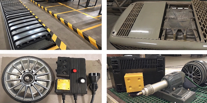Collage de diversos productos fabricados con A380: piezas de coche, herramientas eléctricas, carcasas electrónicas