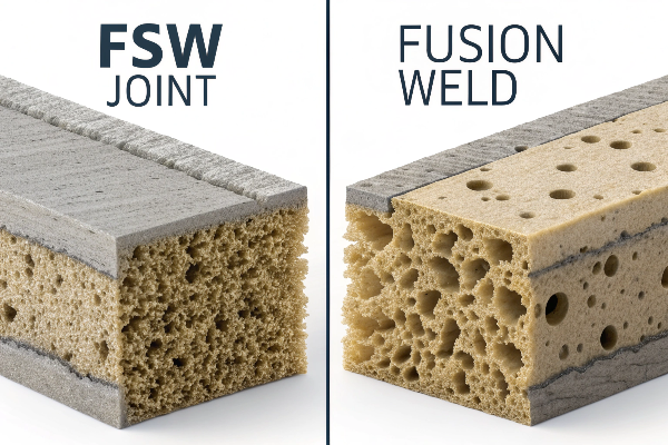 A microscopic image comparing the fine grain of an FSW joint to the coarse, porous structure of a fusion weld