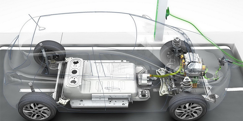 An image representing the future of EVs, with circular arrows for recyclability around a glowing aluminum component.