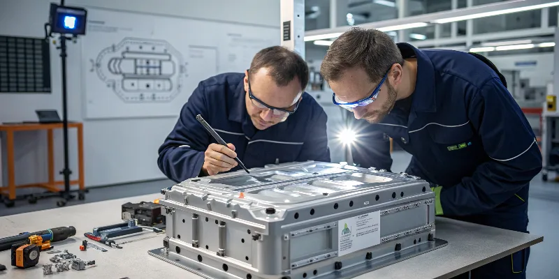 Engineers examining a complex magnesium die-cast demonstrator component for an electric vehicle.