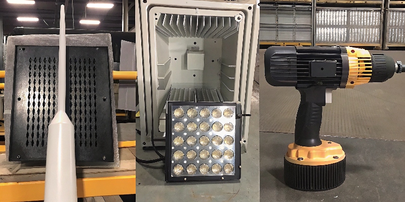 Un collage de productos de diferentes industrias: una antena 5G, una luminaria LED, un taladro eléctrico y maquinaria industrial
