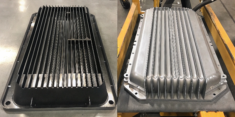 Un collage mostrando una pieza automotriz ligera y una carcasa electrónica con aletas de refrigeración, ambas de aluminio fundido