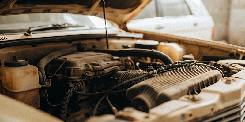 Un motor de coche expuesto, mostrando componentes de ADC12 que se ven en buen estado a pesar del calor y la suciedad