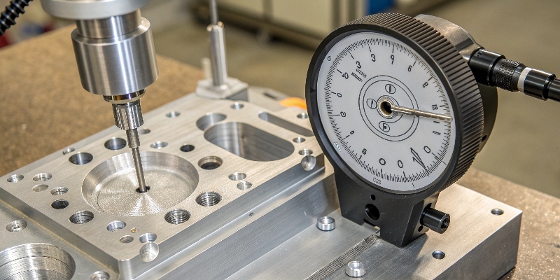 Tolerancias Estrictas en Fundición Un primer plano de un reloj comparador que verifica una tolerancia estricta en una pieza de aluminio compleja