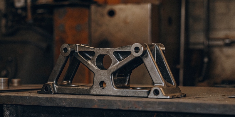 Un soporte de motor de aluminio de alta resistencia, robusto y de diseño complejo, sobre un fondo industrial