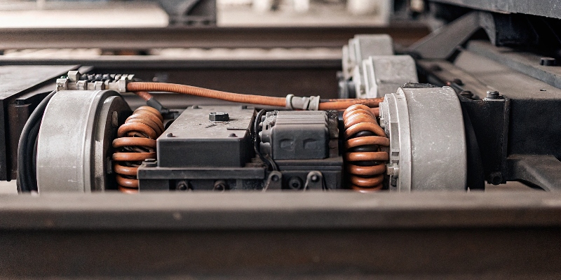 Un tren motriz de vehículo eléctrico mostrando el motor, su soporte y varios componentes electrónicos y cables naranjas de alta tensión integrados en él