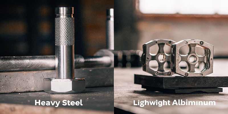 Una imagen que compara una pesada pieza de acero con su equivalente de aluminio ligera y de diseño complejo