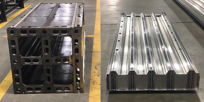 Una imagen que compara una pieza de acero pesada con su equivalente de aluminio ligera y elegante