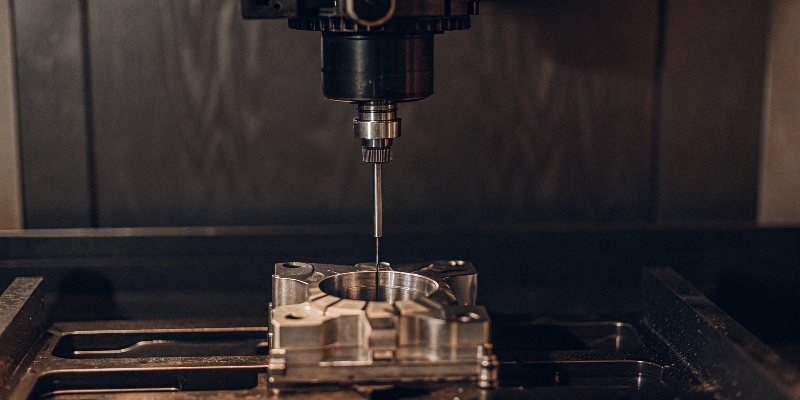 Una máquina de medición por coordenadas (CMM) inspeccionando con precisión un soporte de motor de aluminio