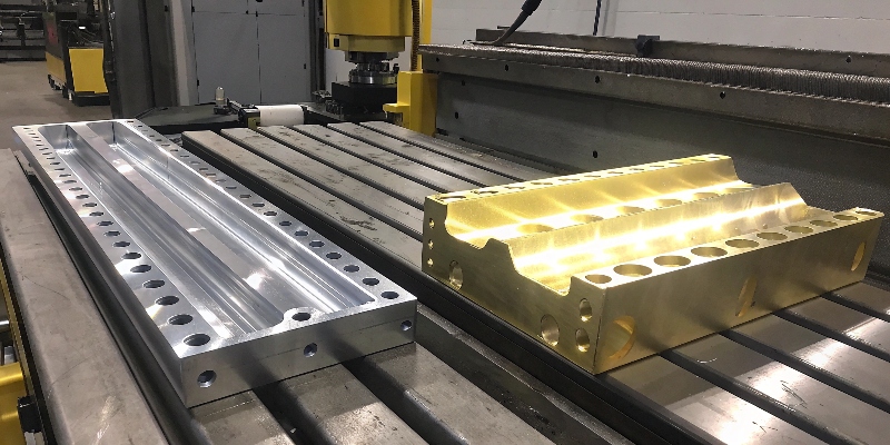 Una pieza de aluminio siendo mecanizada en un centro CNC y otra pieza ya anodizada en color