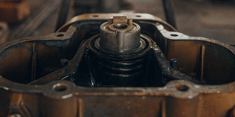 Una sección transversal de un soporte de motor, mostrando la estructura de aluminio y el núcleo de caucho amortiguador