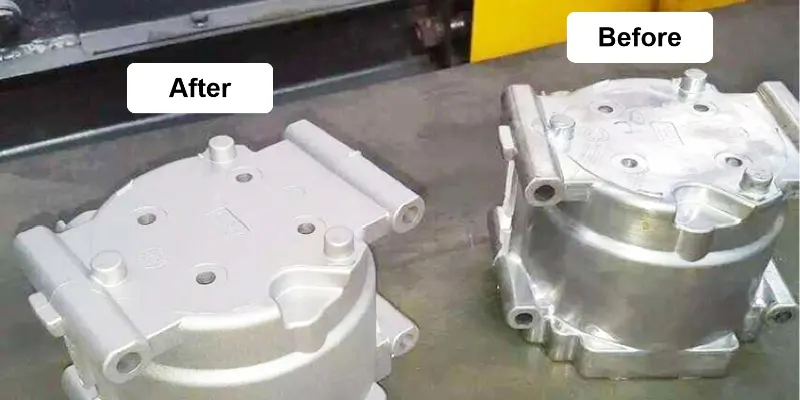 A before-and-after image of a die cast part, with one half showing raw surface defects and the other half showing a smooth, clean finish after shot blasting.
