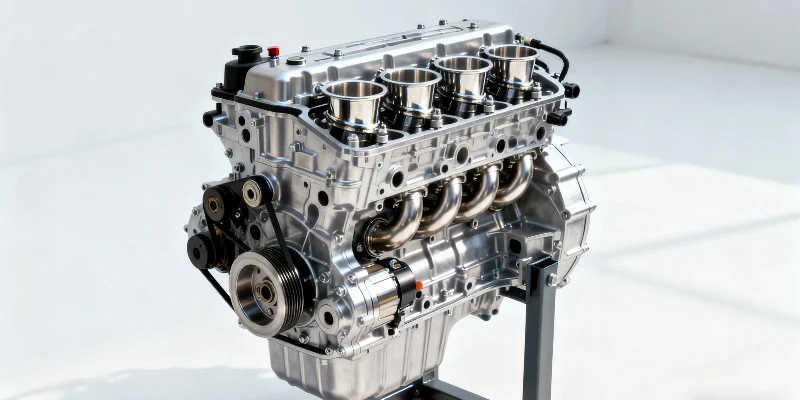Modern car engine with an aluminum block and cylinder heads A clean, fully assembled car engine on a stand, with the metallic sheen of the aluminum engine block and cylinder head clearly visible.