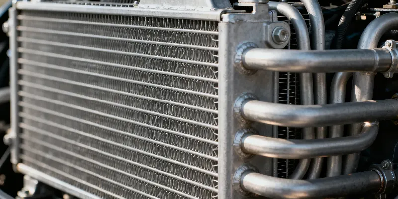 Aluminum car radiator and heat exchanger fins A close-up of a modern car radiator, highlighting the fine, intricate network of aluminum fins and tubes designed for maximum heat dissipation.