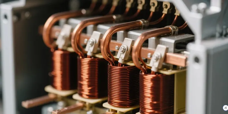 High-conductivity copper busbars and windings in an inverter A close-up shot of thick, shiny copper busbars and windings inside an open inverter, showcasing its role in conducting electricity.
