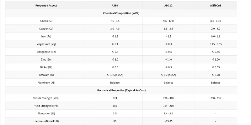 Comparison of A380, ADC12, and AlSi9Cu3 aluminum alloys A comparison table on a screen, showing the chemical composition and mechanical properties of A380, ADC12, and AlSi9Cu3 side-by-side.