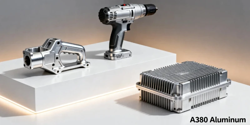 Versatile applications of A380 aluminum die casting alloy A display of diverse products made from A380 aluminum, including an automotive bracket, a power tool housing, and an electronics chassis, showcasing its versatility.