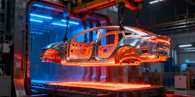 Future of die casting with advanced structural aluminum alloys A futuristic image of a large, single-piece EV chassis being lifted from a Giga Press, glowing hot and made from a futuristic, high-ductility aluminum alloy.