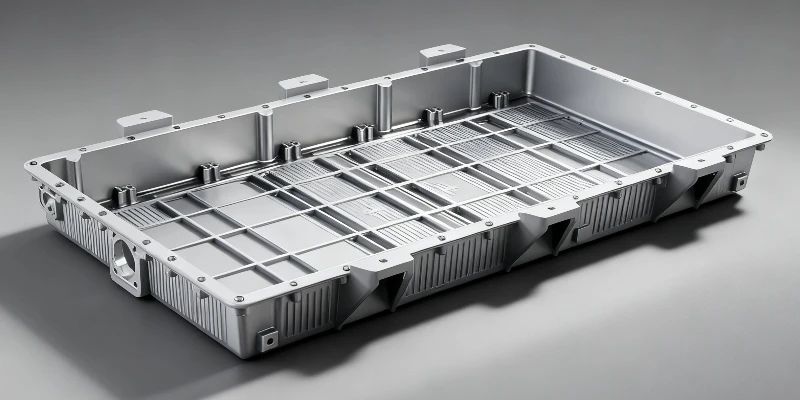 Aluminum electric vehicle (EV) battery housing A large, intricate die-cast aluminum battery housing for an electric vehicle, showing the internal compartments for battery modules and integrated cooling channels.