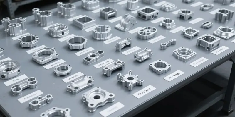 A large table displaying various aluminum die cast parts, each with a clear label pointing to a different type of surface defect like porosity, cold shut, and shrinkage.