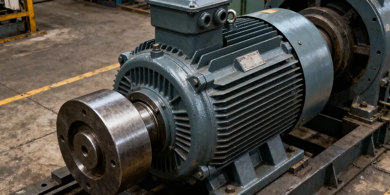 Mechanical strength and durability of a cast iron motor A massive industrial motor with a thick cast iron housing operating in a rugged factory setting, showing its durability and stability.