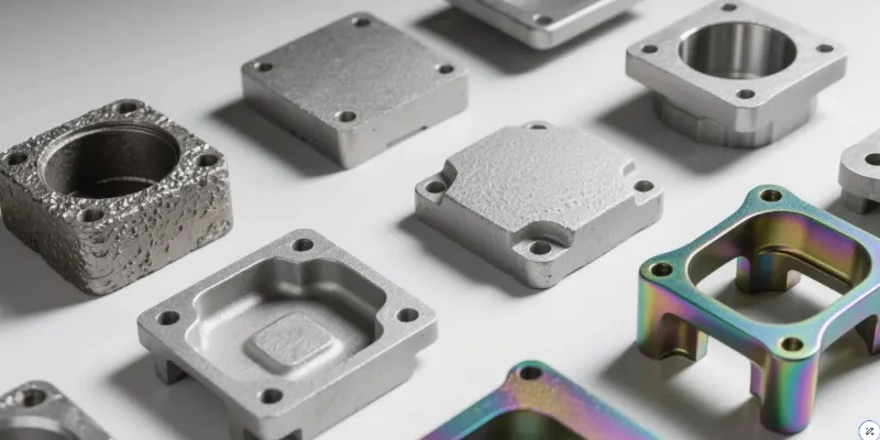 A palette of die cast samples showing different surface finishes, including a raw casting, a shot-blasted matte finish, a glossy powder-coated piece, and an iridescent chromate conversion coating.