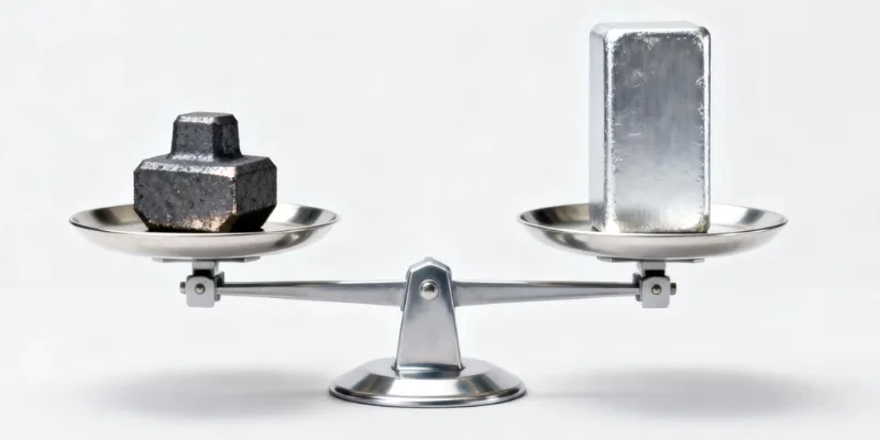Weight and density comparison of cast iron versus aluminum A scale showing a small cast iron block heavily weighing down one side, while a much larger aluminum block of the same weight sits on the other, visually demonstrating the density difference.
