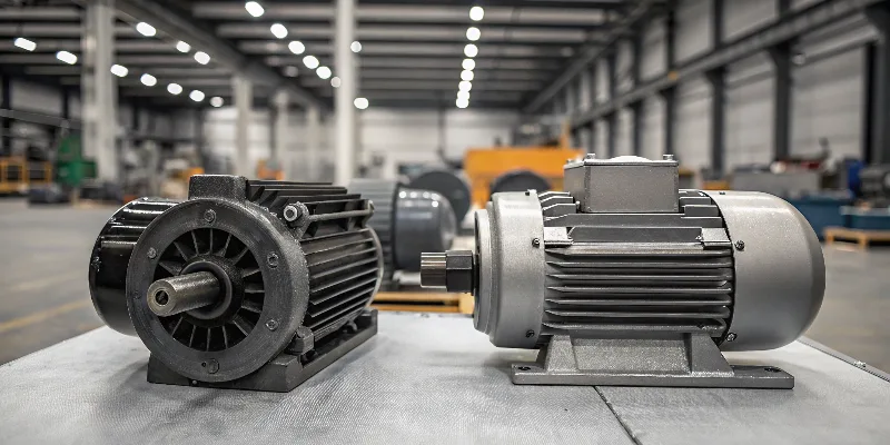 Comparison of cast iron versus aluminum motor housings A side-by-side comparison of two equally-sized motors, one with a rugged, dark gray cast iron housing and the other with a sleek, metallic aluminum housing.