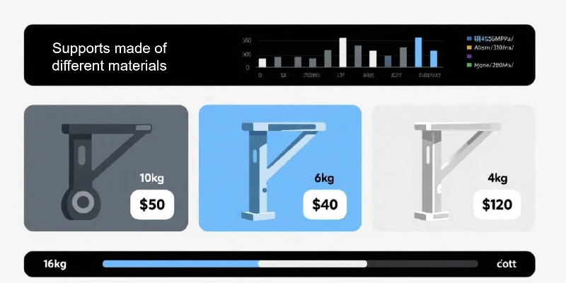A simple infographic comparing three identical automotive brackets made of steel, aluminum, and magnesium, with icons showing their relative weight, cost, and strength.