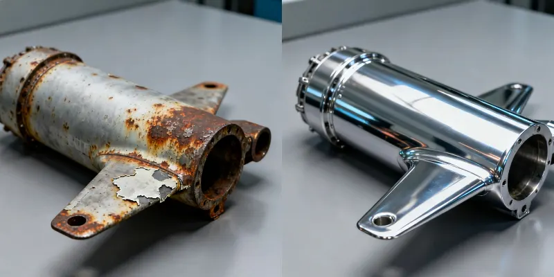 Corrosion resistance comparison of aluminum die casting alloys A split image showing a standard A380 part with some surface corrosion after a salt spray test, next to a pristine A360 part that has undergone the same test.