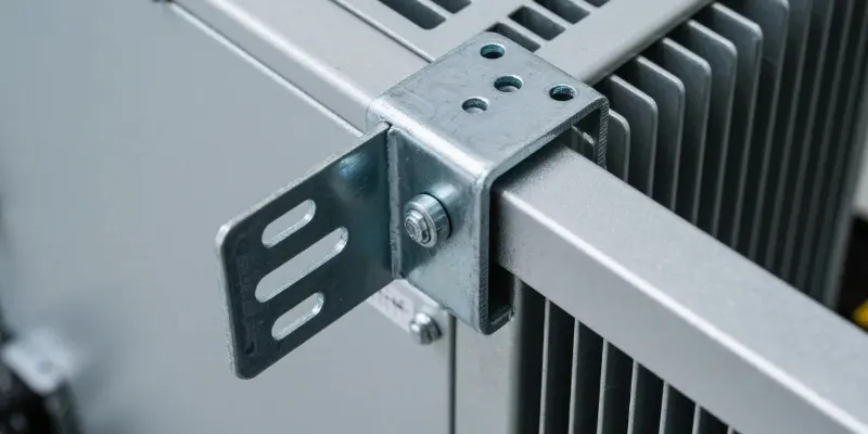 Steel mounting bracket providing structural support for an inverter A sturdy steel mounting bracket attached to an aluminum inverter, showing the contrast between the two metals and their different functions.