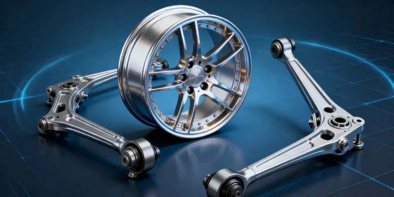 Lightweight aluminum car wheels and suspension parts A stylish, lightweight aluminum alloy wheel and a set of aluminum suspension components (control arms and knuckles) displayed against a technical background.