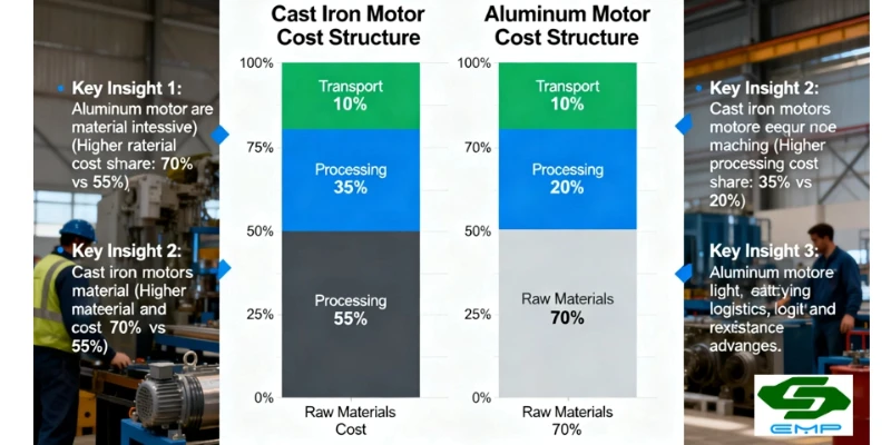 Cost comparison between cast iron and aluminum motors An illustration comparing the cost breakdown of a cast iron motor versus an aluminum motor, showing differences in raw material cost, machining, and shipping.