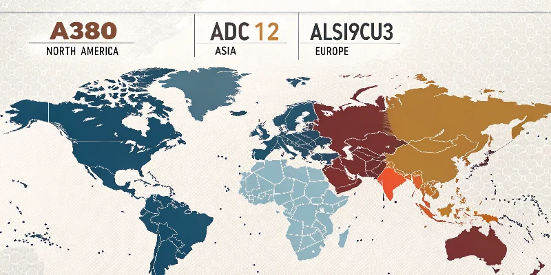 Most common aluminum die casting alloys by region An infographic chart showing the most popular aluminum die casting alloys by region, with A380 in North America, ADC12 in Asia, and AlSi9Cu3 in Europe.
