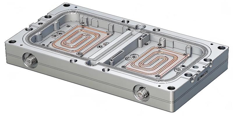 A CAD rendering showing the complex cooling channels inside a die casting mold