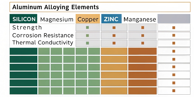 A chart showing the primary aluminum alloying elements and their effects on material properties