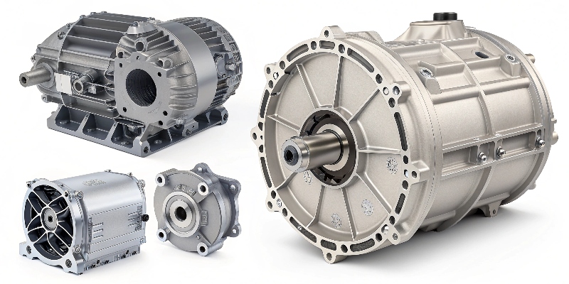 A collage of different EV motor housings from various major global automakers, all featuring die-cast aluminum construction