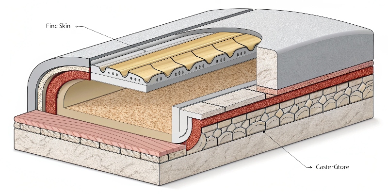 A cross-section diagram of a die-cast part showing the fine-grained skin and coarser-grained core