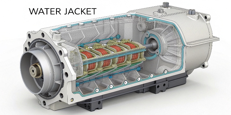 A cutaway CAD model of a motor housing clearly showing the complex "water jacket" cooling channels running through the casting